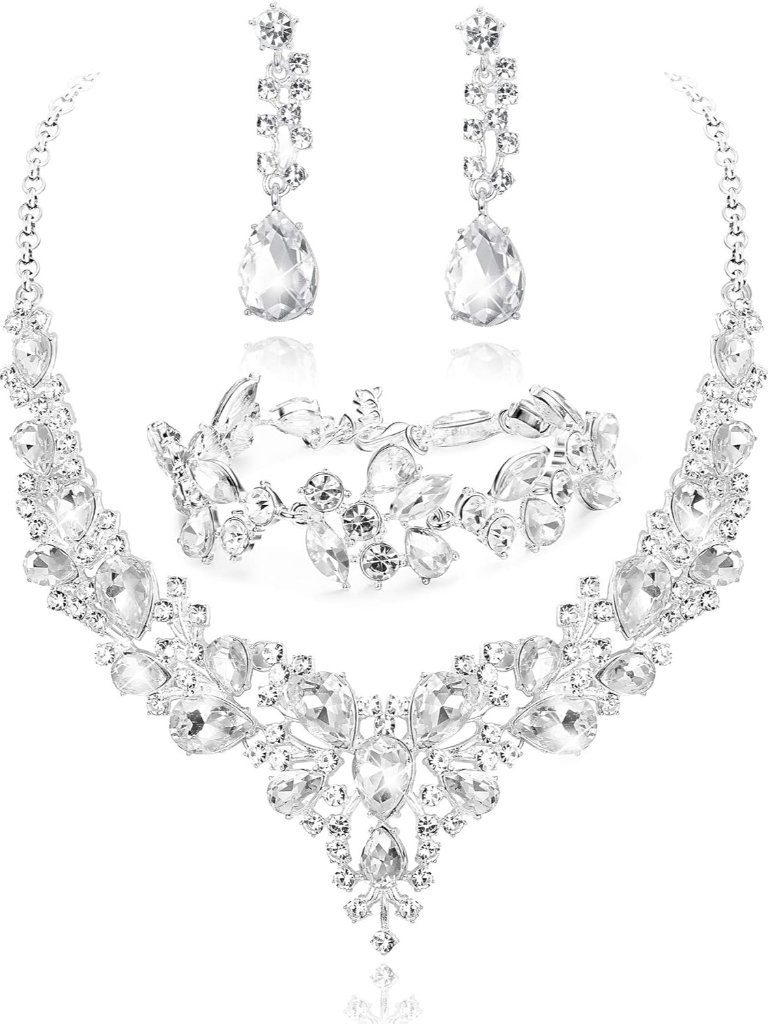 Crystal Bridal Jewelry Set For Women Rhinestone Necklace Earrings Bracelet Weddi